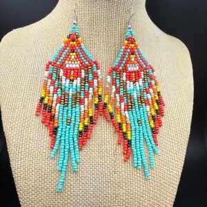 Boho Seed Bead Fringe Earrings Geometric Tribal Turquoise Red Orange Statement